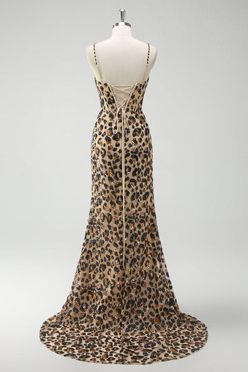Lentejuelas de leopardo caqui Tirantes de espagueti sirena Vestido corsé largo con abertura